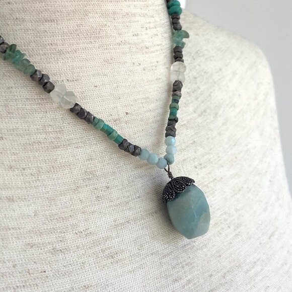 Sterling Silver 925 Turquoise Quartz Green Calcite Beaded Pendant Necklace 18" - Picture 2 of 16